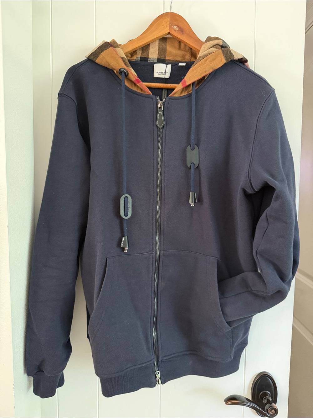 Burberry Navy Zip Hoodie with Signature Plaid Hood